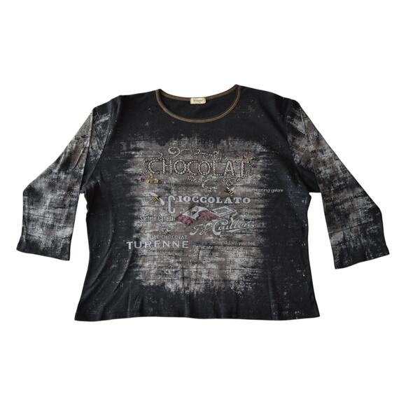 Y2K Bejeweled Chocolate Graphic Grunge Tee Plus Size 2X - Edgy Rhinestone Top - Picture 1 of 6